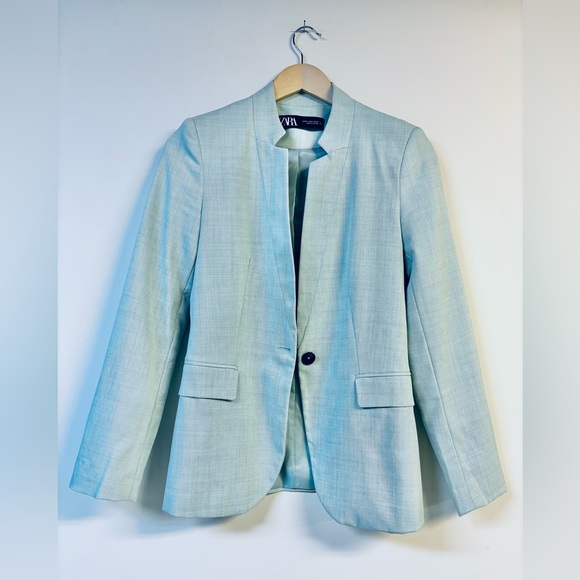 Zara Light Green Mint Basic Blazer Collarless Size 4 - Picture 2 of 7